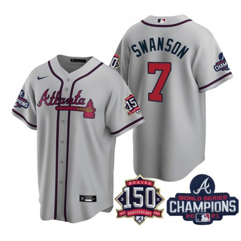 686350dda874f_1 Men's Atlanta Braves #7 Dansby Swanson 2021 Grey World Series Champions With 150th Anniversary Patch Cool Base Stitched Jersey
