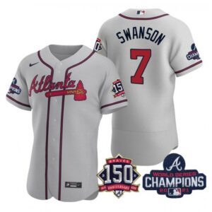 686350e0f40af_1 Men's Atlanta Braves #7 Dansby Swanson 2021 Grey World Series Champions With 150th Anniversary Flex Base Stitched Jersey