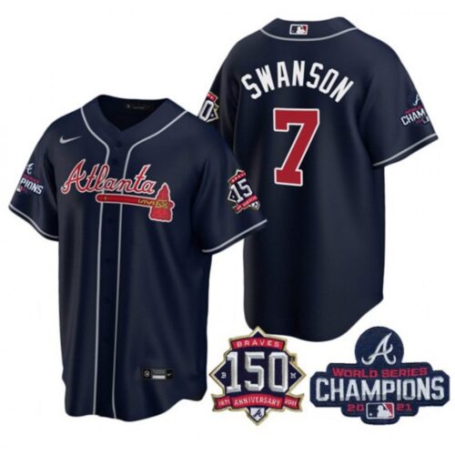 686350ee343e0_1 Men's Atlanta Braves #7 Dansby Swanson 2021 Navy World Series Champions With 150th Anniversary Patch Cool Base Stitched Jersey