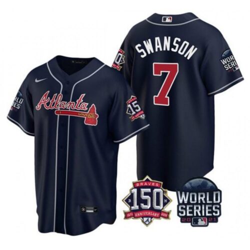 686350f1499ab_1 Men's Atlanta Braves #7 Dansby Swanson 2021 Navy World Series With 150th Anniversary Patch Cool Base Stitched Jersey