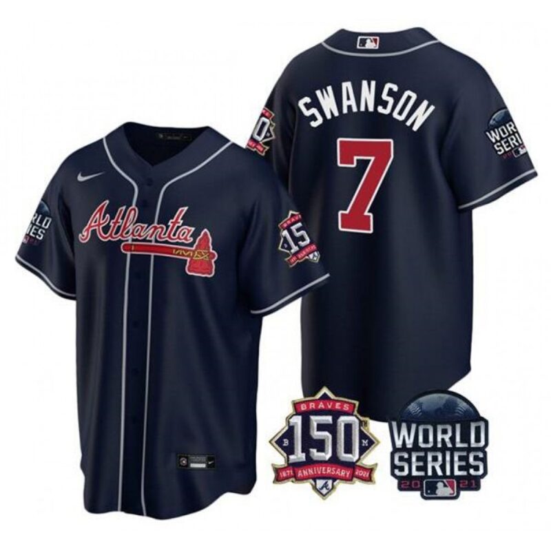 686350f1499ab_1 Men's Atlanta Braves #7 Dansby Swanson 2021 Navy World Series With 150th Anniversary Patch Cool Base Stitched Jersey