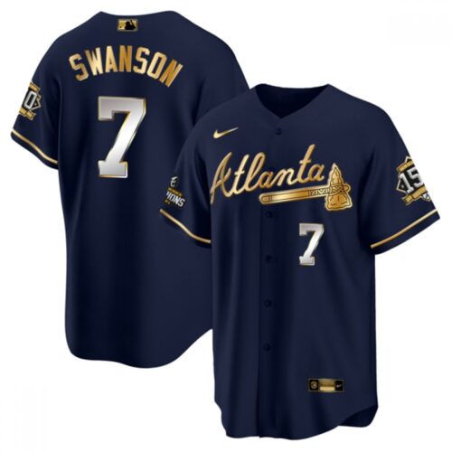 686350f456483_1 Men's Atlanta Braves #7 Dansby Swanson 2021 Navy/Gold World Series Champions With 150th Anniversary Patch Cool Base Stitched Jersey