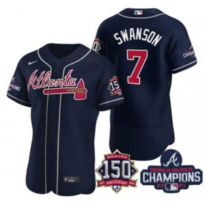 686350f76c47f_1 Men's Atlanta Braves #7 Dansby Swanson 2021 Navy World Series Champions With 150th Anniversary Flex Base Stitched Jersey