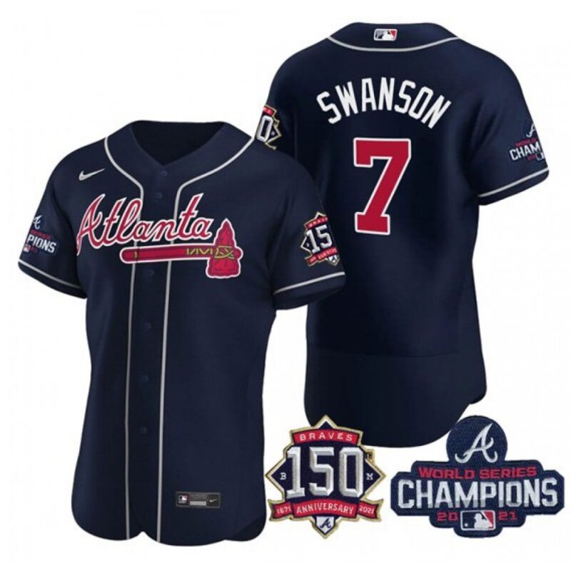 686350f76c47f_1 Men's Atlanta Braves #7 Dansby Swanson 2021 Navy World Series Champions With 150th Anniversary Flex Base Stitched Jersey