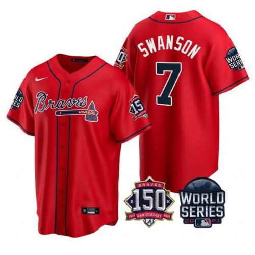 686351049f3c0_1 Men's Atlanta Braves #7 Dansby Swanson 2021 Red World Series With 150th Anniversary Patch Cool Base Stitched Jersey