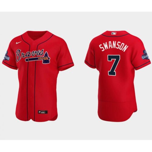 6863510b36938_1 Men's Atlanta Braves #7 Dansby Swanson 2021 Red World Series Champions Flex Base Stitched Jersey