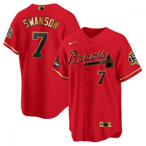 6863511204360_1 Men's Atlanta Braves #7 Dansby Swanson 2021 Red/Gold World Series Champions With 150th Anniversary Patch Cool Base Stitched Jersey