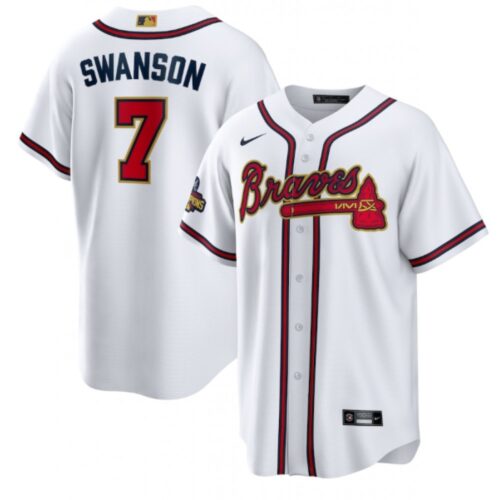 6863511be6c8d_1 Men's Atlanta Braves#7 Dansby Swanson 2022 White/Gold World Series Champions Program Cool Base Stitched Baseball Jersey