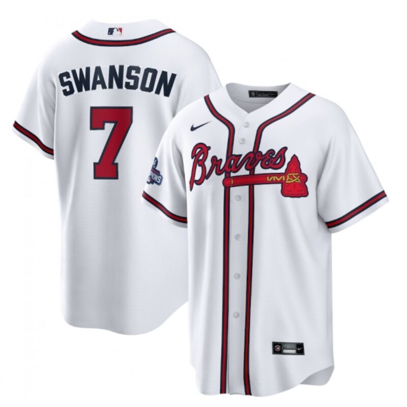 6863511e92f2a_1 Men's Atlanta Braves #7 Dansby Swanson 2021 White World Series Champions Cool Base Stitched Jersey