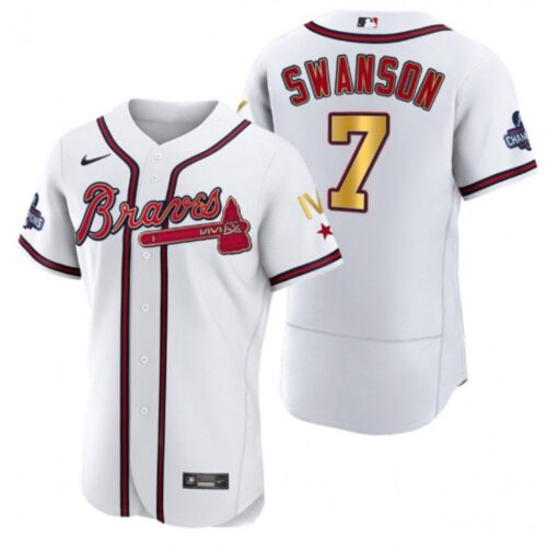 686351380320d_1 Men's Atlanta Braves #7 Dansby Swanson White Gold World Series Champions Flex Base Stitched Jersey