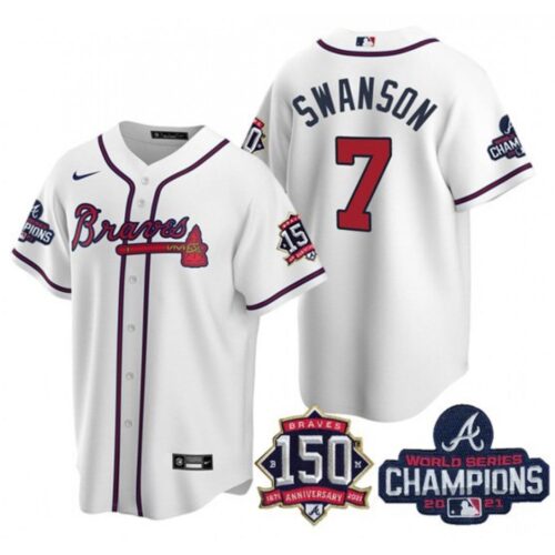 6863513b49433_1 Men's Atlanta Braves #7 Dansby Swanson 2021 White World Series Champions With 150th Anniversary Patch Cool Base Stitched Jersey