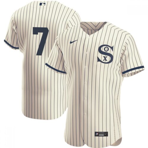 68635152198f7_1 Men's Chicago White Sox #7 Tim Anderson 2021 Cream/Navy Field of Dreams Flex Base Stitched Jersey