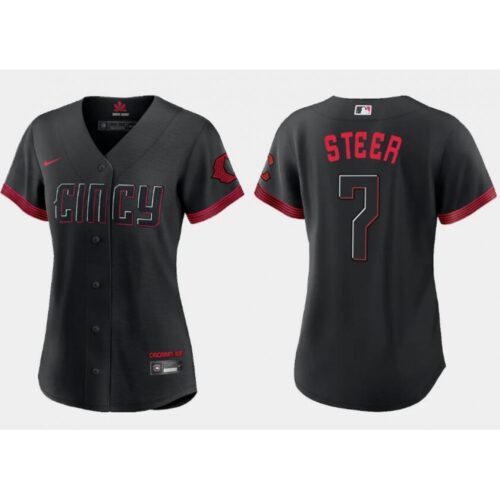 686351f12eef3_1 Women's Cincinnati Reds #7 Spencer Steer Black 2023 City Connect Stitched Baseball Jersey(Run Small)