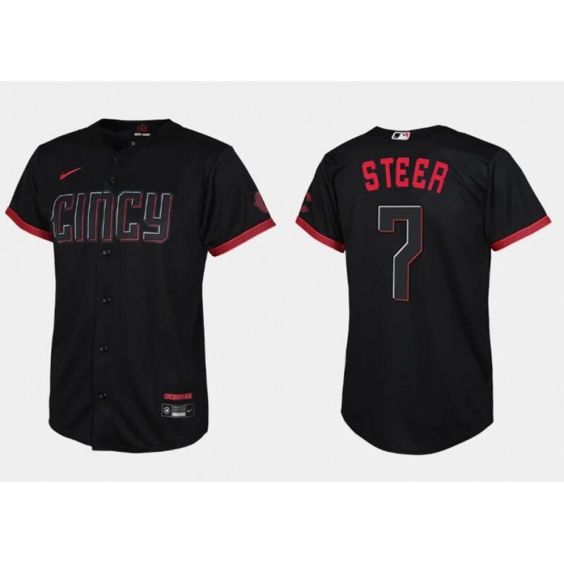686351f3bc09a_1 Youth Cincinnati Reds #7 Spencer Steer Black 2023 City Connect Stitched Baseball Jersey