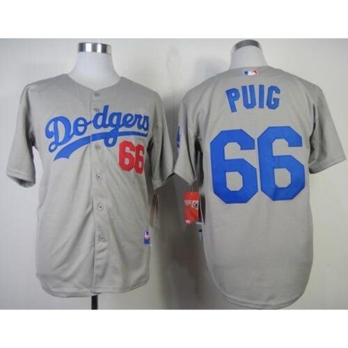686352e3c67fb_1 Dodgers #66 Yasiel Puig Grey Cool Base Stitched MLB Jersey