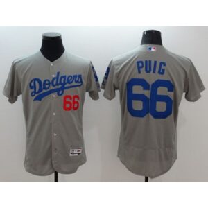 686352ea3e19f_1 Dodgers #66 Yasiel Puig Grey Flexbase Authentic Collection Stitched MLB Jersey