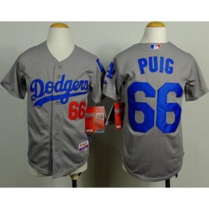 68635309a78e4_1 Dodgers #66 Yasiel Puig Grey Cool Base Stitched Youth MLB Jersey