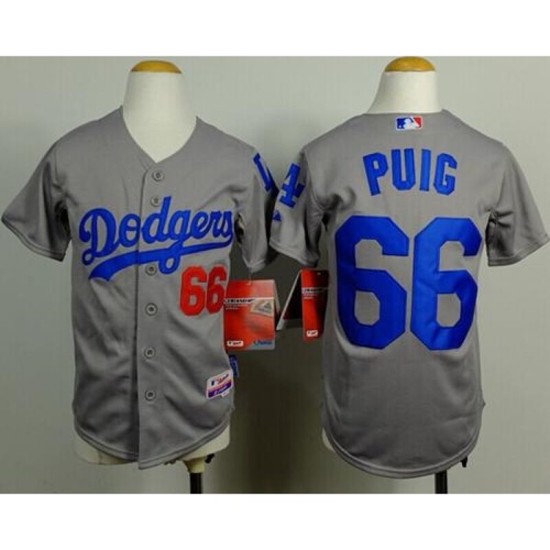 68635309a78e4_1 Dodgers #66 Yasiel Puig Grey Cool Base Stitched Youth MLB Jersey