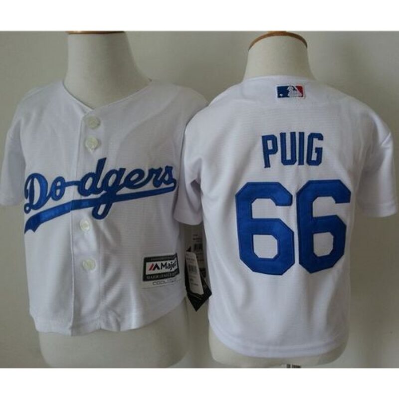 6863530f1768c_1 Toddler Dodgers #66 Yasiel Puig White Cool Base Stitched MLB Jersey