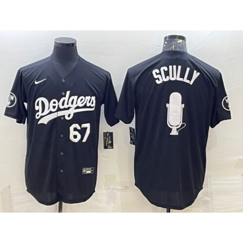 6863531833670_1 Men's Los Angeles Dodgers #67 Vin Scully Black Big Logo With Vin Scully Patch Stitched Jersey