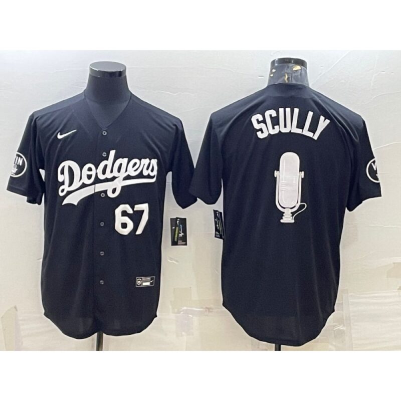 6863531833670_1 Men's Los Angeles Dodgers #67 Vin Scully Black Big Logo With Vin Scully Patch Stitched Jersey
