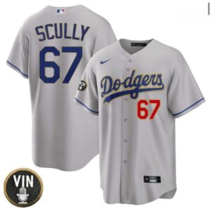 6863532f6ddaa_1 Men's Los Angeles Dodgers #67 Vin Scully 2022 Grey Vin Scully Patch Cool Base Stitched Baseball Jersey