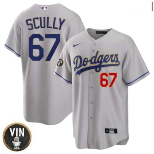 6863532f6ddaa_1 Men's Los Angeles Dodgers #67 Vin Scully 2022 Grey Vin Scully Patch Cool Base Stitched Baseball Jersey