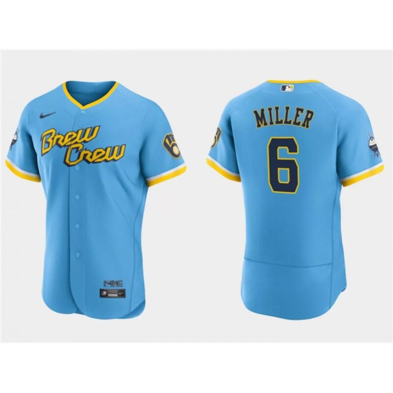 6863536348184_1 Men's Milwaukee Brewers #6 Owen Miller Powder Blue 2022 City Connect Flex Base Stitched MLB Jersey