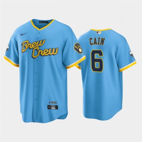6863536656079_1 Men's Milwaukee Brewers #6 Lorenzo Cain 2022 Powder Blue City Connect Cool Base Stitched Jersey