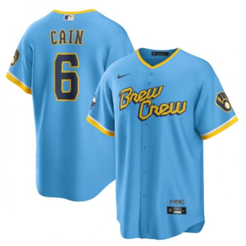 6863536978502_1 Men's Milwaukee Brewers #6 Lorenzo Cain 2022 Powder Blue City Connect Cool Base Stitched Jersey