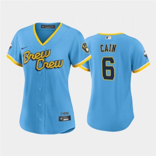 6863538670534_1 Women's Milwaukee Brewers #6 Lorenzo Cain 2022 Powder Blue City Connect Cool Base Stitched Jersey(Run Small)