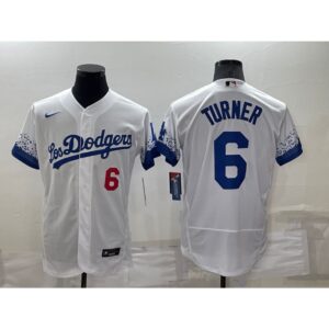 6863545862d14_1 Men's Los Angeles Dodgers #6 Trea Turner 2021 White City Connect Flex Base Stitched Baseball Jersey