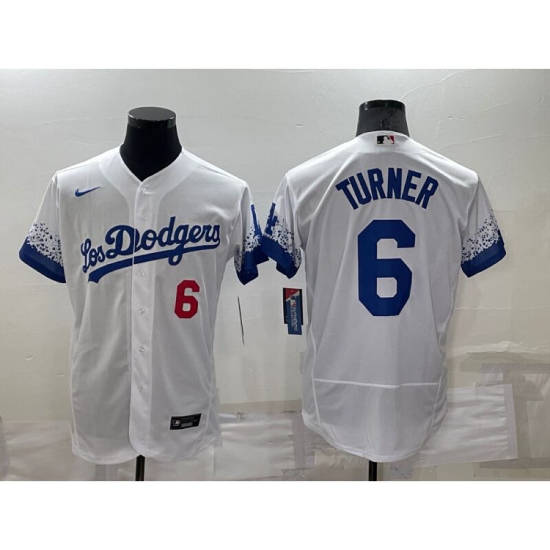 6863545862d14_1 Men's Los Angeles Dodgers #6 Trea Turner 2021 White City Connect Flex Base Stitched Baseball Jersey