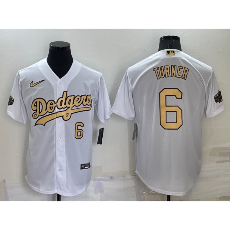 68635462a6da9_1 Men's Los Angeles Dodgers #6 Trea Turner 2022 All-Star White Cool Base Stitched Baseball Jersey