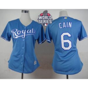 686354e1c649a_1 Royals #6 Lorenzo Cain Light Blue Alternate 1 W/2015 World Series Patch Women's Stitched MLB Jersey