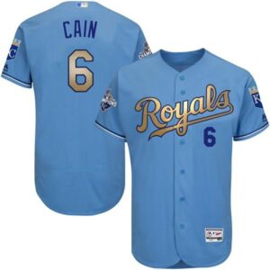 686354f7e4a01_1 Royals #6 Lorenzo Cain Light Blue FlexBase Authentic 2015 World Series Champions Gold Program Stitched MLB Jersey