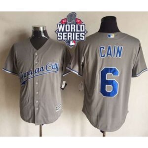 6863550417a31_1 Royals #6 Lorenzo Cain New Grey Cool Base W/2015 World Series Patch Stitched MLB Jersey