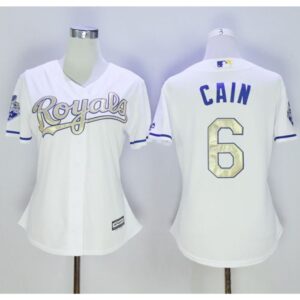 6863550a17f28_1 Royals #6 Lorenzo Cain White 2015 World Series Champions Gold Program Cool Base Women's Stitched MLB Jersey