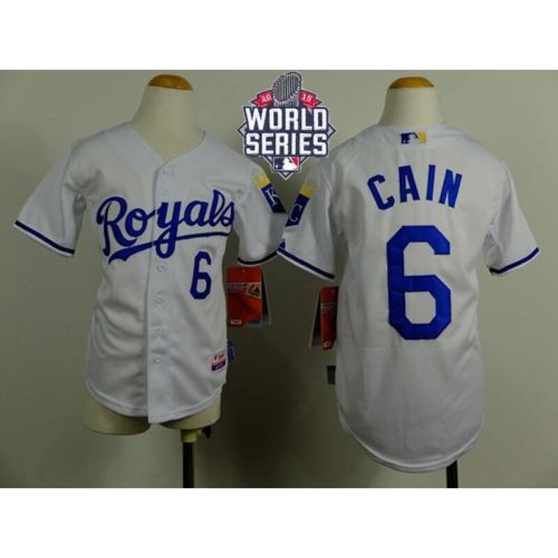 6863551caac8b_1 Royals #6 Lorenzo Cain White Cool Base W/2015 World Series Patch Stitched Youth MLB Jersey