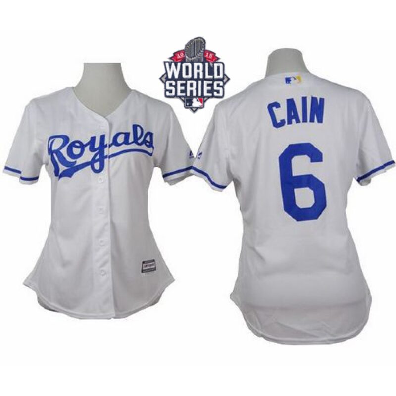 686355290365f_1 Royals #6 Lorenzo Cain White Home W/2015 World Series Patch Women's Stitched MLB Jersey
