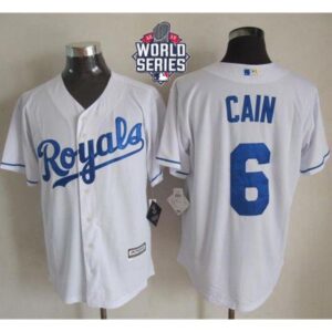 6863553521f33_1 Royals #6 Lorenzo Cain White New Cool Base W/2015 World Series Patch Stitched MLB Jersey
