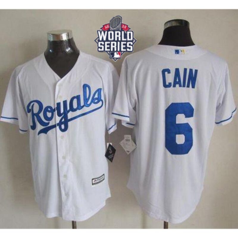 6863553521f33_1 Royals #6 Lorenzo Cain White New Cool Base W/2015 World Series Patch Stitched MLB Jersey