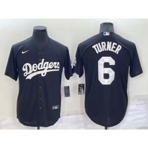 6863556202b2f_1 Men's Los Angeles Dodgers #6 Trea Turner Black Cool Base Stitched Baseball Jersey