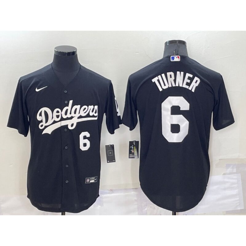686355657d94e_1 Men's Los Angeles Dodgers #6 Trea Turner Black Cool Base Stitched Baseball Jersey
