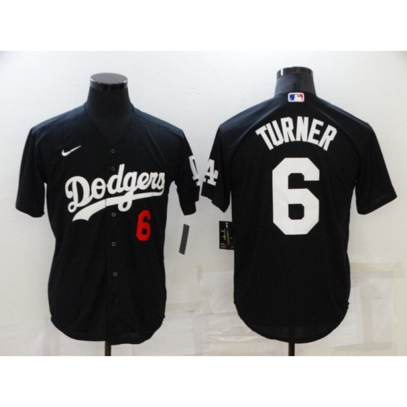 686355693e6b1_1 Men's Los Angeles Dodgers #6 Trea Turner Black Cool Base Stitched Baseball Jersey
