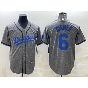 686355701e7fa_1 Men's Los Angeles Dodgers #6 Trea Turner Grey Cool Base Stitched Jersey
