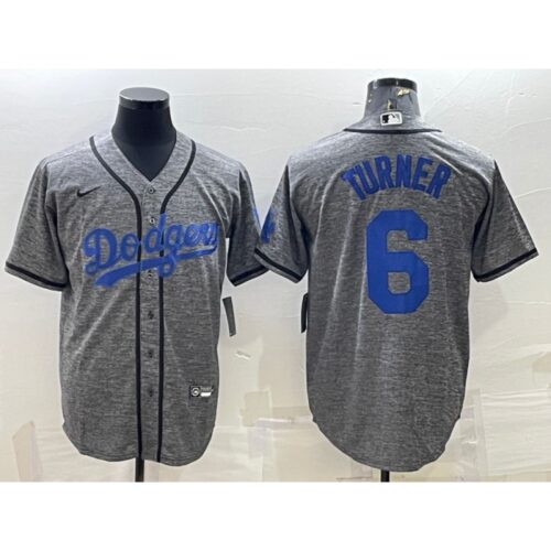 686355701e7fa_1 Men's Los Angeles Dodgers #6 Trea Turner Grey Cool Base Stitched Jersey