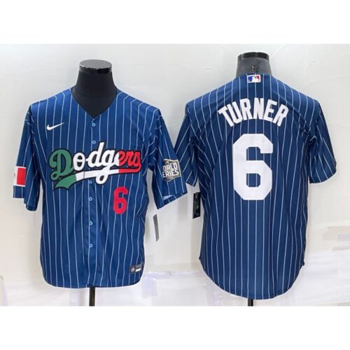 6863557a8b2ee_1 Men's Los Angeles Dodgers #6 Trea Turner Navy Mexico World Series Cool Base Stitched Baseball Jersey