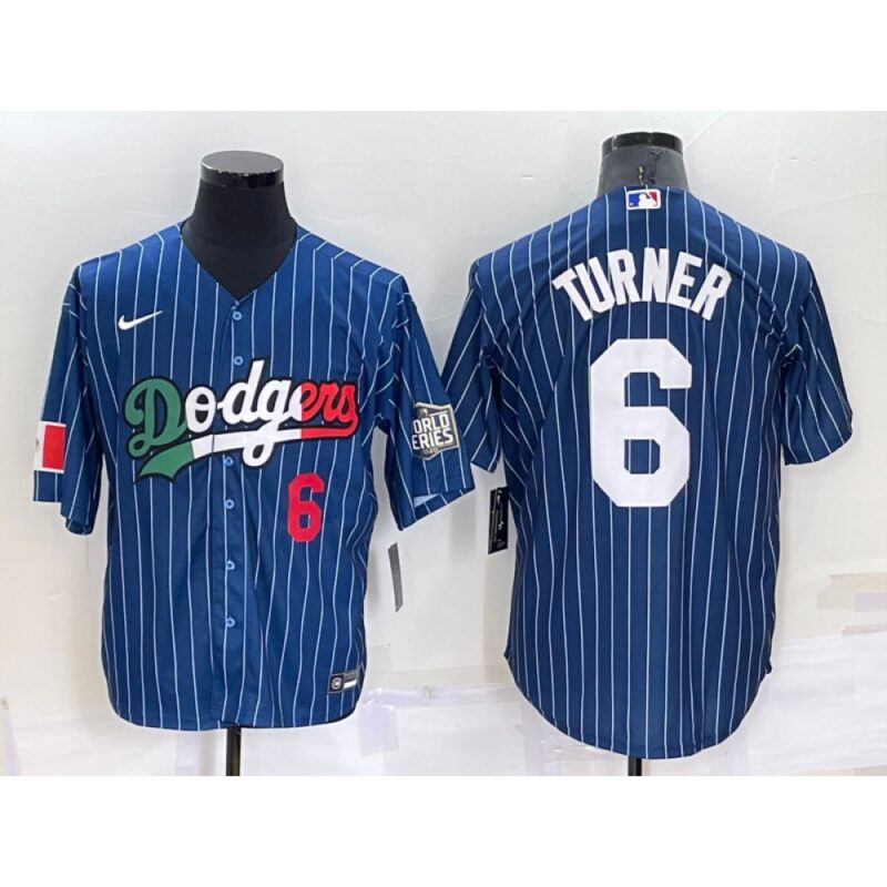 6863557a8b2ee_1 Men's Los Angeles Dodgers #6 Trea Turner Navy Mexico World Series Cool Base Stitched Baseball Jersey
