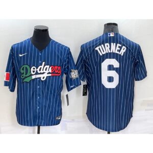 6863557e1642a_1 Men's Los Angeles Dodgers #6 Trea Turner Navy Mexico World Series Cool Base Stitched Baseball Jersey